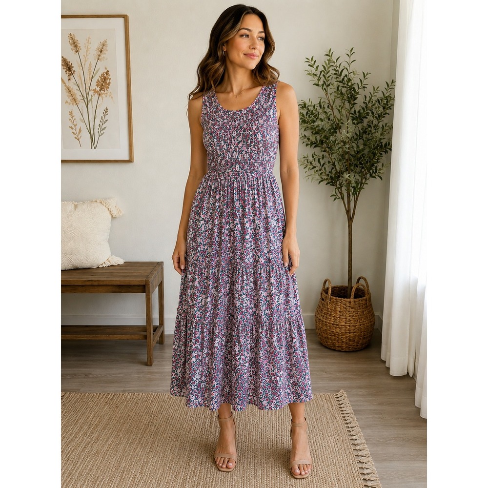 Banjanan Iris Pink Floral Smocked Cotton Maxi Dress Sleeveless Tiered Ruffle S
